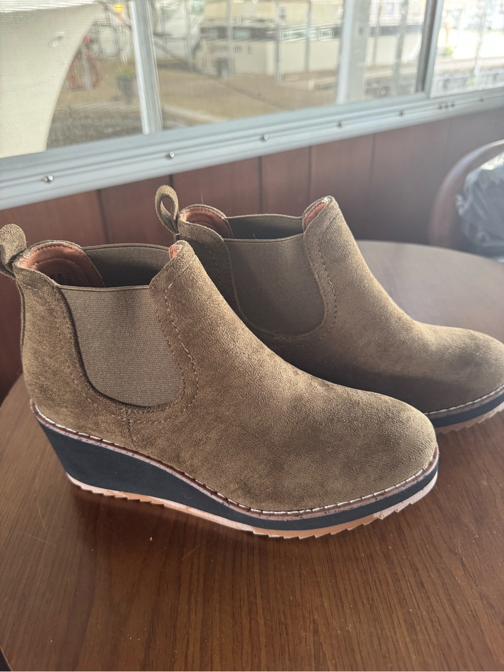 Corkys Olive-Tan Suede Wedge Chelsea Booties